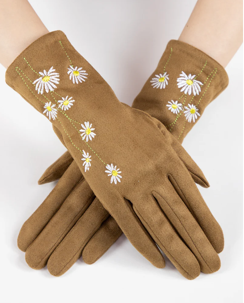 Faux Suede Daisy Embroidered Gloves