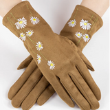 Faux Suede Daisy Embroidered Gloves