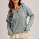 V-neck Dusty Teal Knit Hoodie