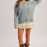 V-neck Dusty Teal Knit Hoodie