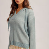 V-neck Dusty Teal Knit Hoodie