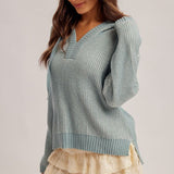 V-neck Dusty Teal Knit Hoodie