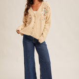 Floral Sequin Button up Sweater