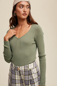 Slim Fit V-neck Long Sleeve Ribbed Sweater Top