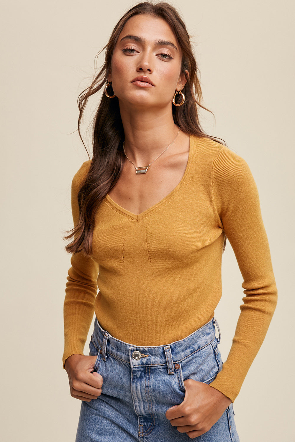Slim Fit V-neck Long Sleeve Ribbed Sweater Top